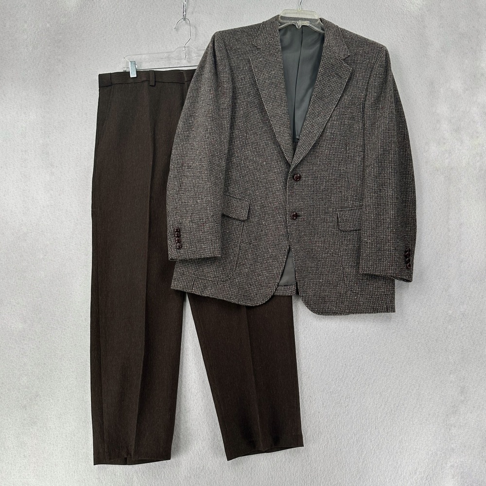 Vtg 2-Piece Suit Tweed Blazer 40R Wool Leather Button Poly Adjustable Pant 38X28